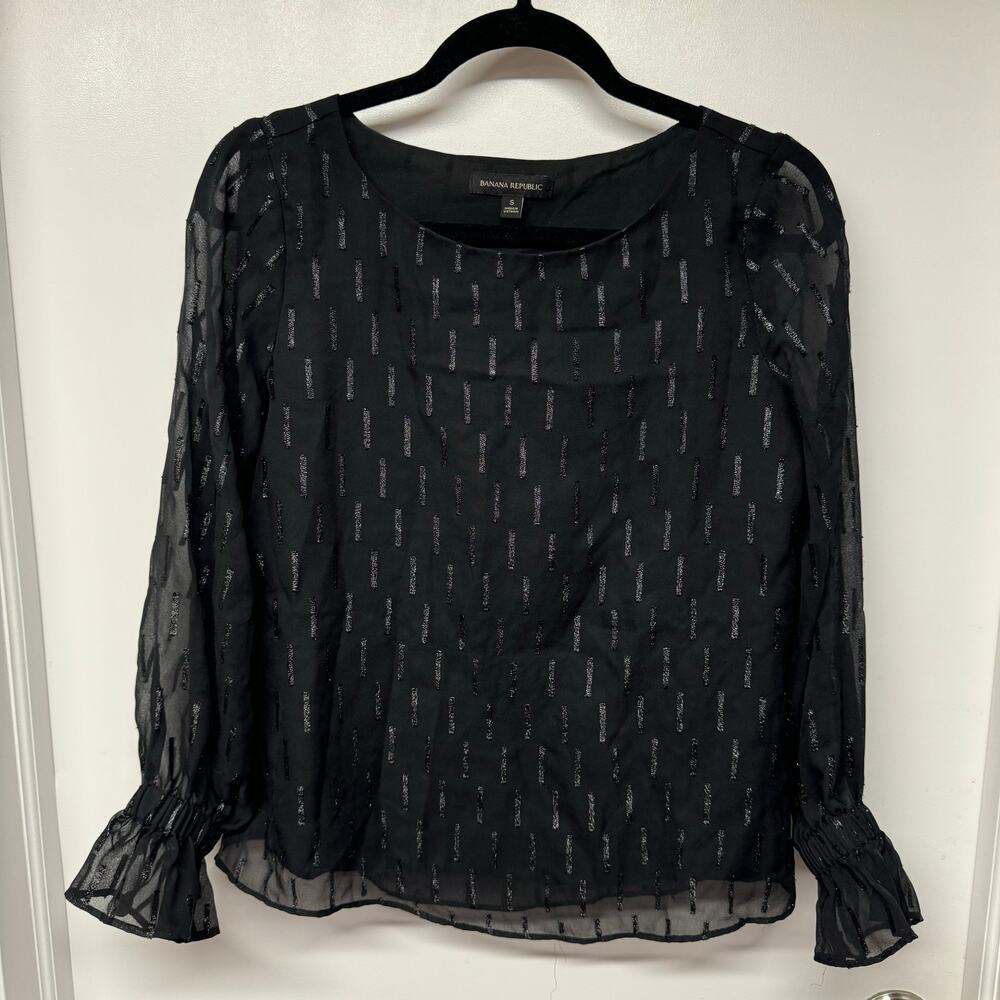 Banana Republic Womens Black Long Sheer Sleeve Blouse Top Size Small Metallic